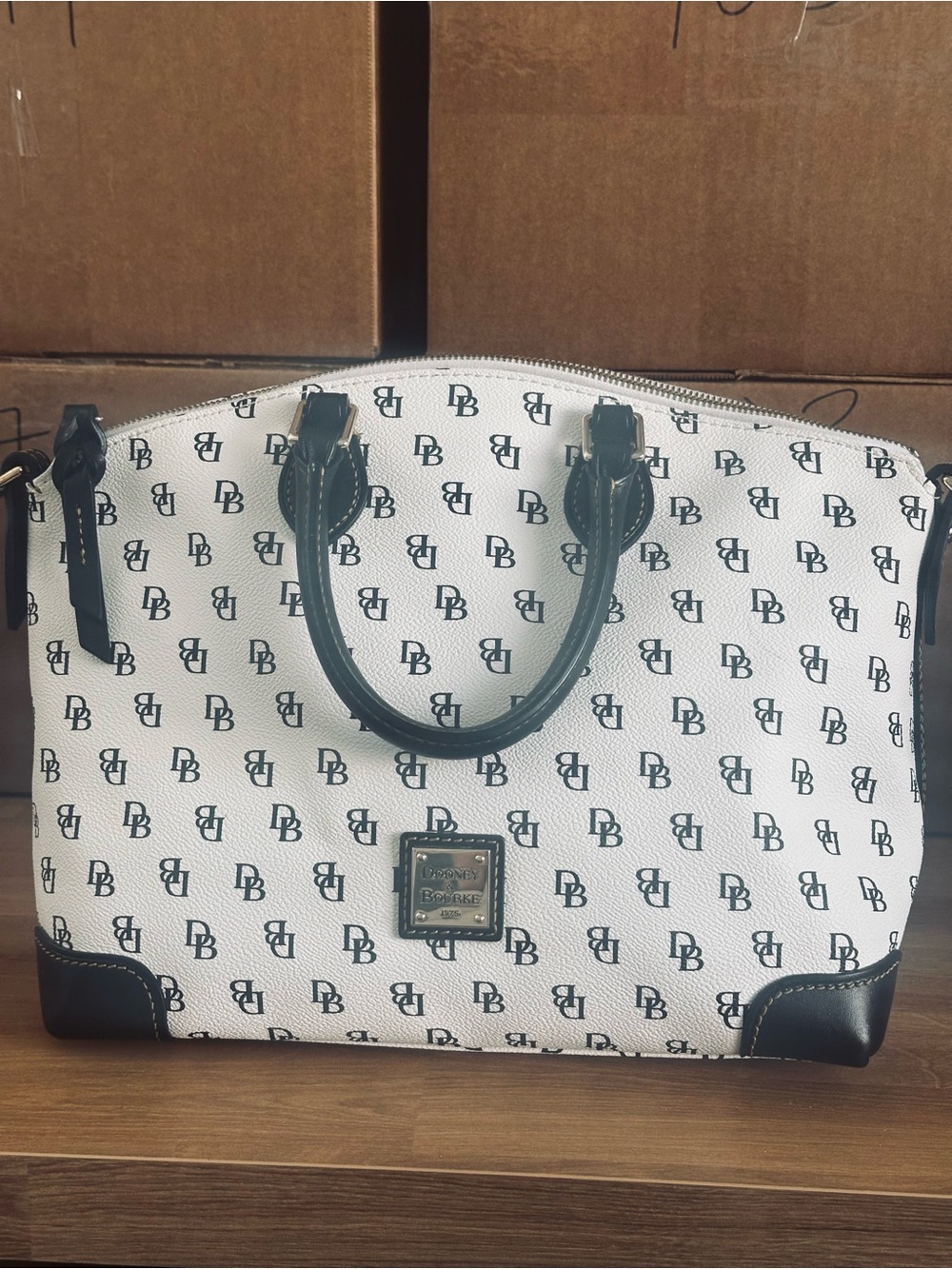 Dooney & Bourke Signature DB Monogram Dome Satchel Black White Y2K Shoulder Bag